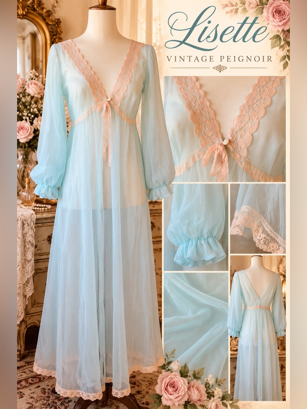 ✨ Vintage 1950s–60s Lisette Blue Chiffon Peignoir ✨